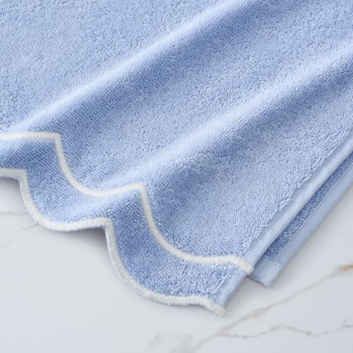Peri Home 2 Piece Cotton Bath Towel Set, Embroidered, Blue, White Scallop