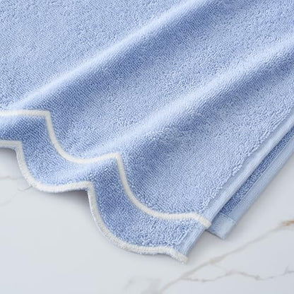 Peri Home 2 Piece Cotton Bath Towel Set, Embroidered, Blue, White Scallop
