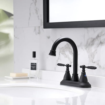 4 Inch Bathroom Sink Faucet Black - 2 Handle Centerset Faucets | 360° Swivel Spout Vintage Vanity Faucet Bathroom with Pop-up Drain Assembly and Water Supply Hoses Matte Black