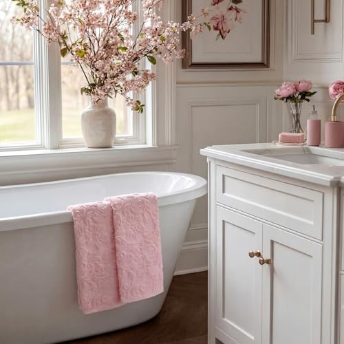 SmoothNovelty 2 Pcs Pink Floral Jacquard Hand Towels for Bathroom