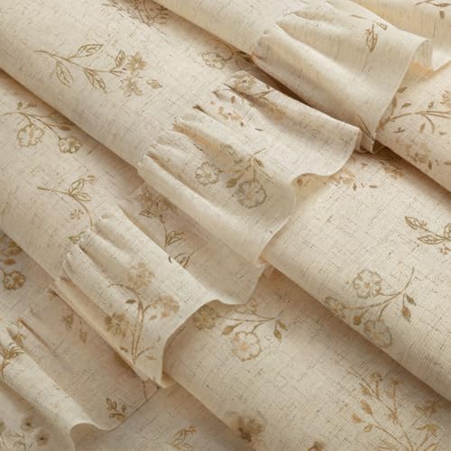 Beige Floral Farmhouse French Country Ruffle Linen Shower Curtain 72Wx72H