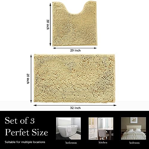 Bathroom Rugs Chenille Bath mat 2 Piece Set, Super Absorbent, Strong PVC Non Slip Backing, Bath mats for Bathroom, Plush Shaggy, Thick, Machine Washable, Bathtub, Shower, Toilet.(Beige)