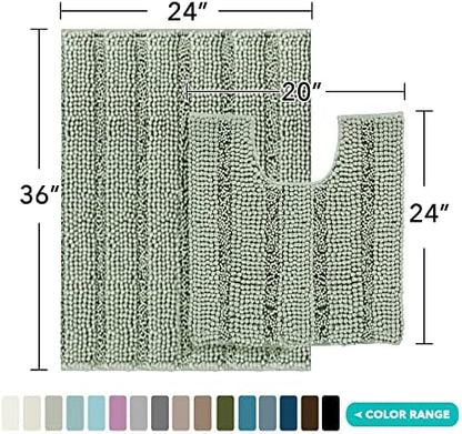 2-Piece Bathroom Rug Set with U-Shaped Mat, Soft Absorbent Chenille, Sage