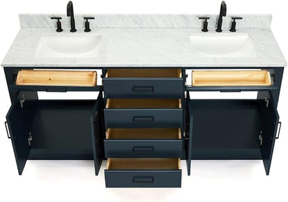 ARIEL Hepburn 72-inch Bathroom Vanity with Sink,Solid Wood, 0.75-inch Italian Carrara Marble Countertop, Double Rectangular Porcelain Sink, 4 Soft Closing Doors, 6 Dovetail Drawers, Midnight Blue