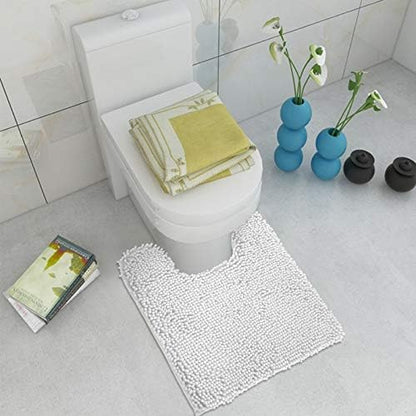ITSOFT Standard 24"x21" U-Shaped Non-Slip Shaggy Chenille Toilet Contour Bathroom Rug with Water Absorbent, White