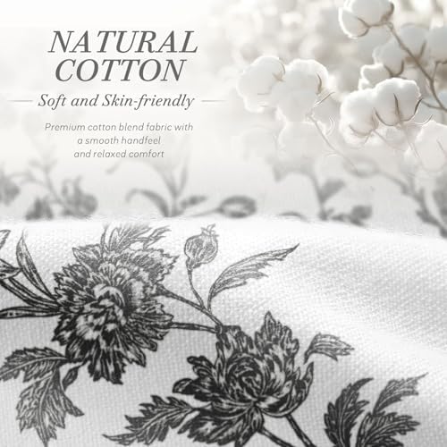 Black and White Floral Shower Curtain,Vintage Cotton Cottagecore Gray Shower Curtains for Bathroom, 72" W x 72" L