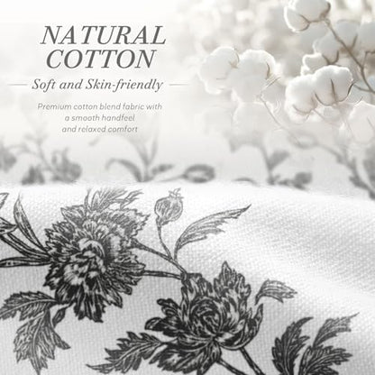 Black and White Floral Shower Curtain,Vintage Cotton Cottagecore Gray Shower Curtains for Bathroom, 72" W x 72" L