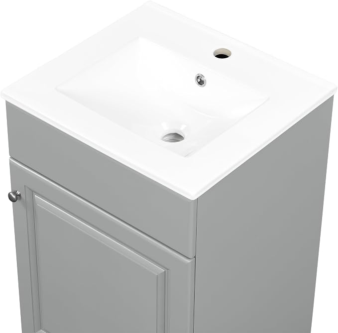 Christopher Knight Home Vanes Wood Frame 20" Bathroom Vanity with Ceramic Sink, Cabinet with Soft-Closing Door Shelf and Adjustable Shelf, Open Back, Metal Hardware, Storage/Organizer, Gray