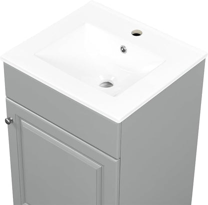 Christopher Knight Home Vanes Wood Frame 20" Bathroom Vanity with Ceramic Sink, Cabinet with Soft-Closing Door Shelf and Adjustable Shelf, Open Back, Metal Hardware, Storage/Organizer, Gray