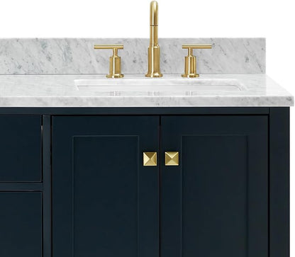 ARIEL Cambridge 66-inch Bathroom Vanity with Sink,Solid Wood, 0.75-inch Italian Carrara Marble Countertop, Double Rectangular Porcelain Sink, 4 Soft Closing Doors, 6 Dovetail Drawers, Midnight Blue