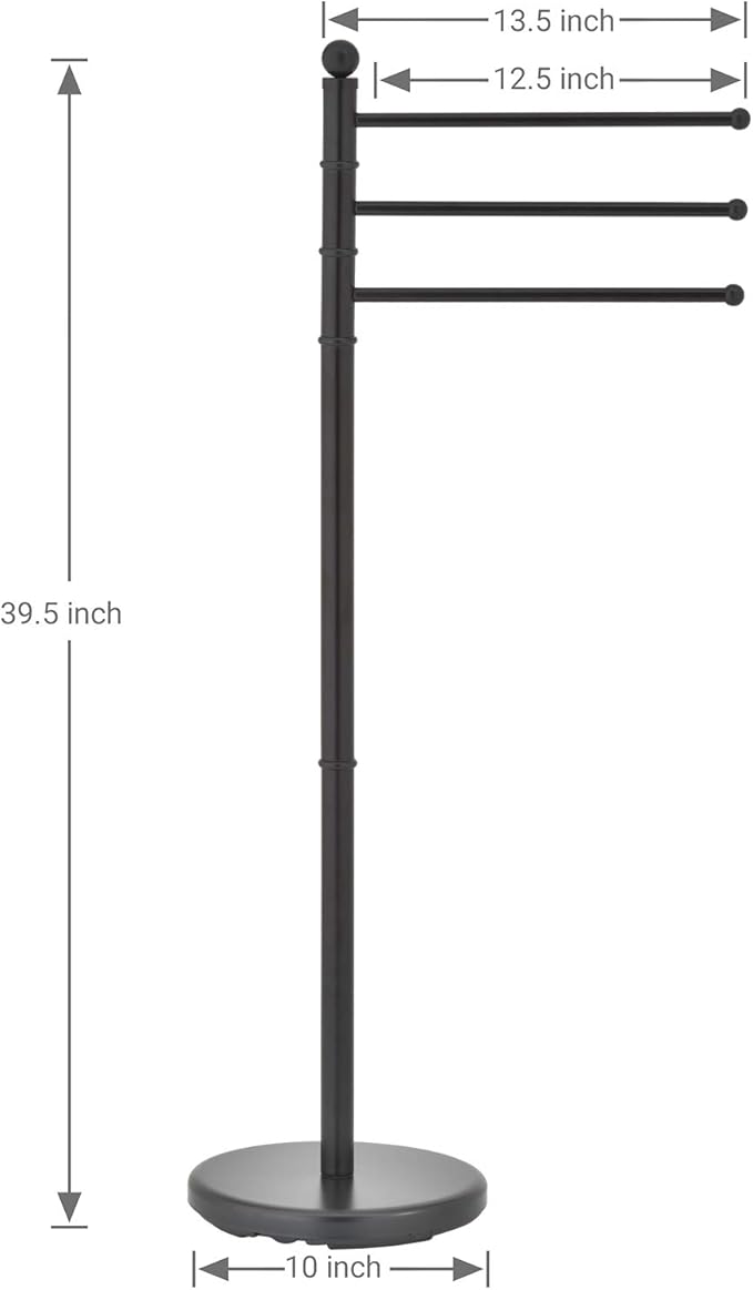 MyGift 40 Inch Black Metal Standing Towel Rack with 3 Swivel Arms | Freestanding Bathroom Towel Rack, Hanging Drying Rack for Home, Spa, Poolside