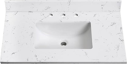 36"x22" Engineered Stone Bathroom Vanity Top with Rectangular Undermount Ceramic Middle Sink, 8 Inch Faucet Hole Spread with Backsplash Bathroom Vanity Sink Top (Cabinet Not Included)