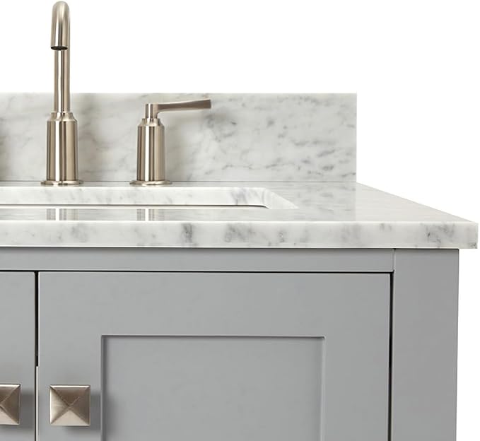 ARIEL Cambridge 36-inch Bathroom Vanity with Sink,Solid Wood, 0.75-inch Italian Carrara Marble Countertop, Single Rectangular Porcelain Sink, 2 Soft Closing Doors, 5 Dovetail Drawers, Grey