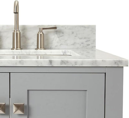ARIEL Cambridge 36-inch Bathroom Vanity with Sink,Solid Wood, 0.75-inch Italian Carrara Marble Countertop, Single Rectangular Porcelain Sink, 2 Soft Closing Doors, 5 Dovetail Drawers, Grey