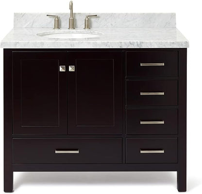 ARIEL Cambridge 42-inch Bathroom Vanity with Sink,Solid Wood, 1.5-inch Italian Carrara Marble Countertop & Backsplash, Single Oval Porcelain Sink, 2 Soft Closing Doors, 5 Dovetail Drawers, Espresso