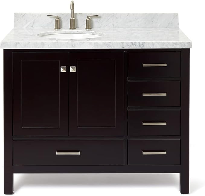 ARIEL Cambridge 42-inch Bathroom Vanity with Sink,Solid Wood, 1.5-inch Italian Carrara Marble Countertop & Backsplash, Single Oval Porcelain Sink, 2 Soft Closing Doors, 5 Dovetail Drawers, Espresso