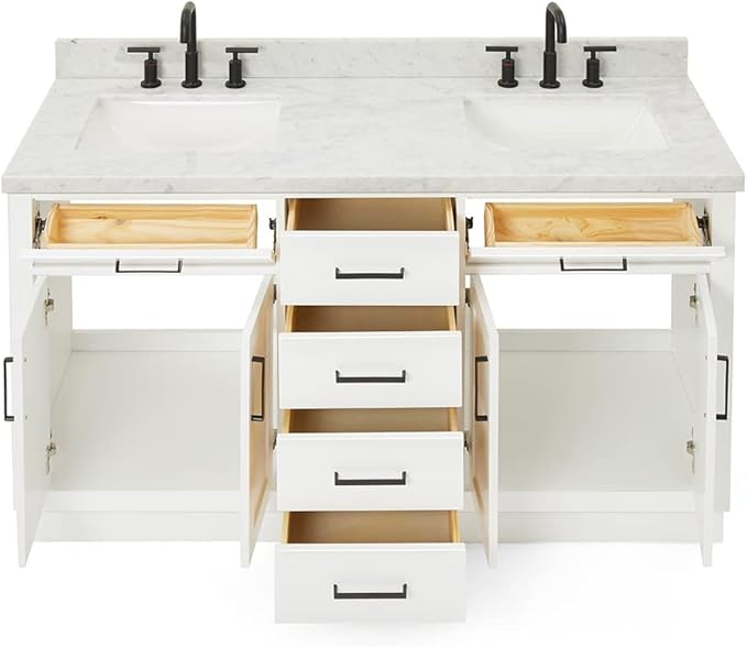 ARIEL Hepburn 60-inch Bathroom Vanity with Sink,Solid Wood, 1.5-inch Italian Carrara Marble Countertop, Double Rectangular Porcelain Sink, 4 Soft Closing Doors, 6 Dovetail Drawers, White