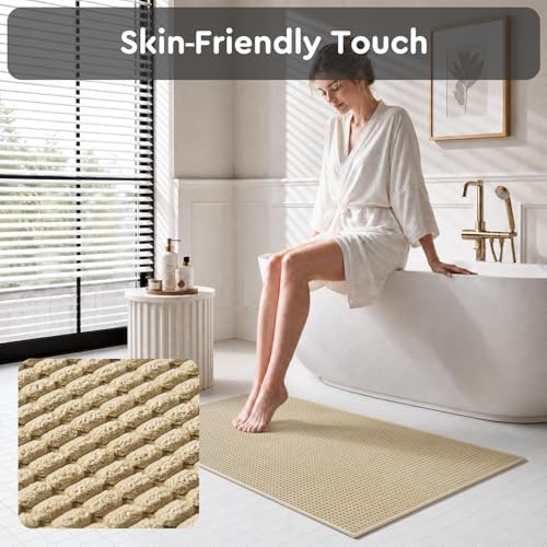 tchdio Bath Mat, Absorbent Bathroom Mat Quick Dry, Thin Bathroom Rugs Fit Under Door, Non Slip Washable Bath Rugs with Solid Rubber Backing, Low Profile Bath Mats for Bathroom, Beige, 24" x 36"