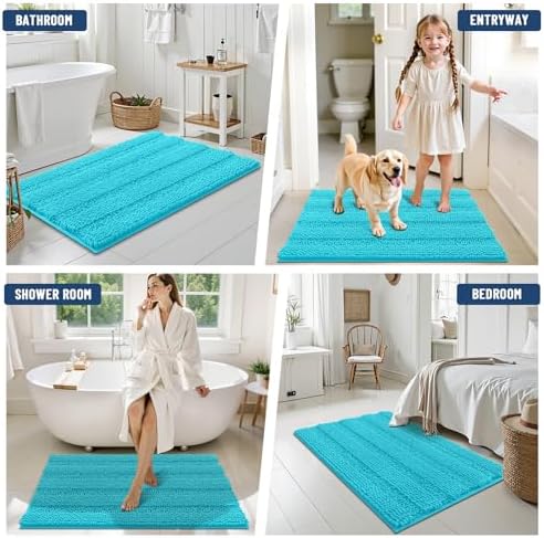 Grandaily Chenille Striped Bathroom Rugs 44x24, Extra Thick and Soft Absorbent Bath Mats, Rubber Backing, Plush Shaggy Shower Carpet, Machine Wash Dry, Bath Rug for Bathroom, Aqua Sky