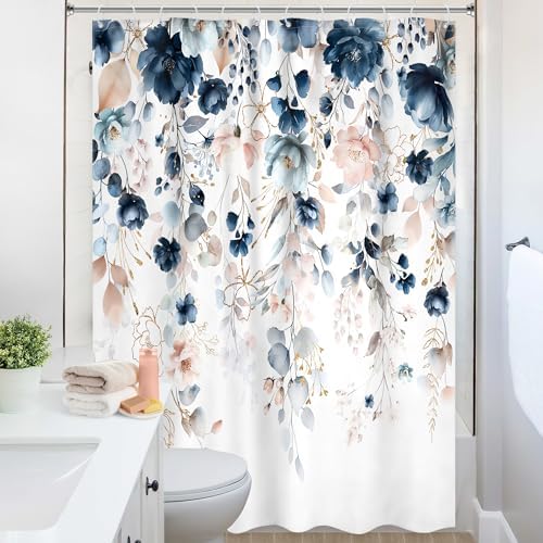 Blue Pink Floral Extra Long Watercolor Bathroom Shower Curtain Set