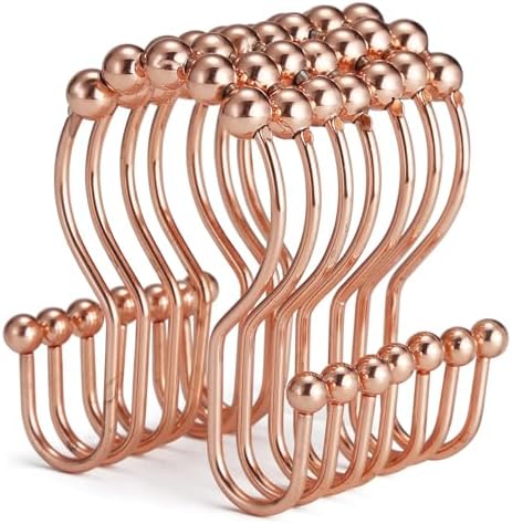 Goowin Shower Curtain Hooks, 12 Pcs Shower Curtain Rings, Stainless Steel Shower Curtain Hangers, Double Hook Shower Curtain Hooks, Smooth Sliding Anti-Drop Shower Rings for Curtain (Rose Gold)