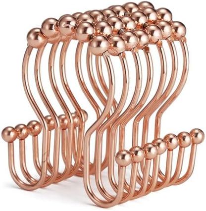 Goowin Shower Curtain Hooks, 12 Pcs Shower Curtain Rings, Stainless Steel Shower Curtain Hangers, Double Hook Shower Curtain Hooks, Smooth Sliding Anti-Drop Shower Rings for Curtain (Rose Gold)