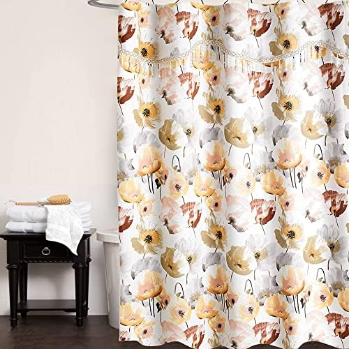 Zahari Home 13pc Poppy Fields Bathroom Shower Curtain Set Yellow Shower Curtain & 12 Shower Curtain Hooks Luxury Contemporary Colorful Shower Curtain Unique Design Stylish Shower Curtain Set