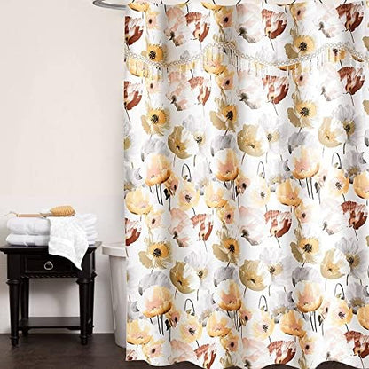 Zahari Home 13pc Poppy Fields Bathroom Shower Curtain Set Yellow Shower Curtain & 12 Shower Curtain Hooks Luxury Contemporary Colorful Shower Curtain Unique Design Stylish Shower Curtain Set