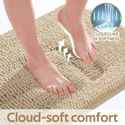 ACCUMTEK Striped Beige Bathroom Rug Set 3 Pieces Ultra Soft, Non Slip Chenille Toilet Mat, Absorbent Plush Shaggy Bath Mats for Bathroom, Bedroom, Kitchen