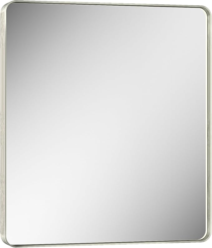 Keonjinn 32 x 36 Inch Brushed Nickel Bathroom Mirrors for Over Sink | HD Tempered Glass, Silver Vanity Mirror, Rust-Resistant Aluminum Frame, Rounded Rectangle, French Cleat Mount, Home Décor