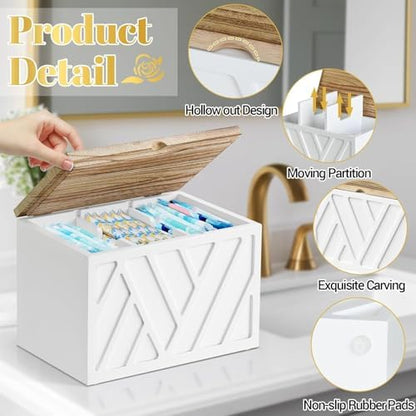 Jorkol 2 PCS White Tampon Holder for Bathroom Decor, Feminine Product Organizer with Lid, Shark Week Tampon Storage, Wood Pad and Tampon Organizer for Toilet Organizer, Bathroom Accessories Box