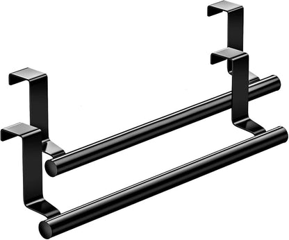 Over Cabinet Towel Bar, Stainless Steel Towel Holder, Black, 2 Pack | No-drill Over Cabinet Towel Rack, Rustproof Stainless steel, Scratch-resistant Foam Pads, Fits Doors Up to 0.8"