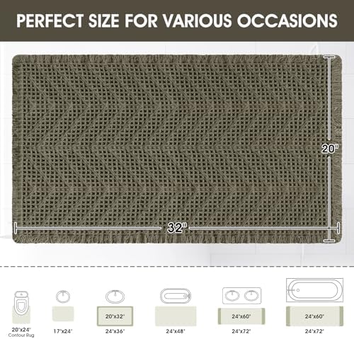 Upgraded Waffle Bath Mat, 32"x20" Greyish Green-Herringbone, Super Absorbent Non-Slip Quick Dry Bathroom Rugs with Tassels, Machine Washable Ultra Soft Boho Bath Rugs, Toilet Mats Boho Farmhouse Decor