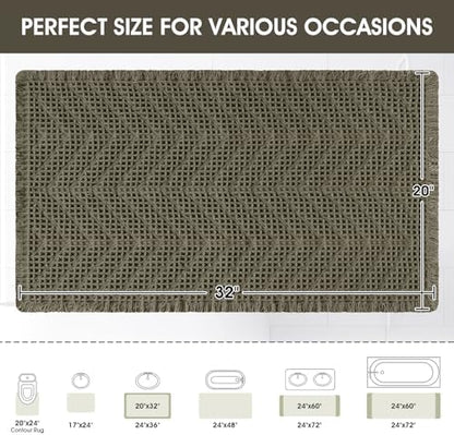 Upgraded Waffle Bath Mat, 32"x20" Greyish Green-Herringbone, Super Absorbent Non-Slip Quick Dry Bathroom Rugs with Tassels, Machine Washable Ultra Soft Boho Bath Rugs, Toilet Mats Boho Farmhouse Decor