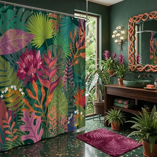 Tropical Floral Leaves Shower Curtain, Vibrant Jungle Botanical Design with Colorful Leaves, Polyester Fabric 72x72 Inches Includes 12 Hooks, Ideal Bathroom Décor for Nature Lovers