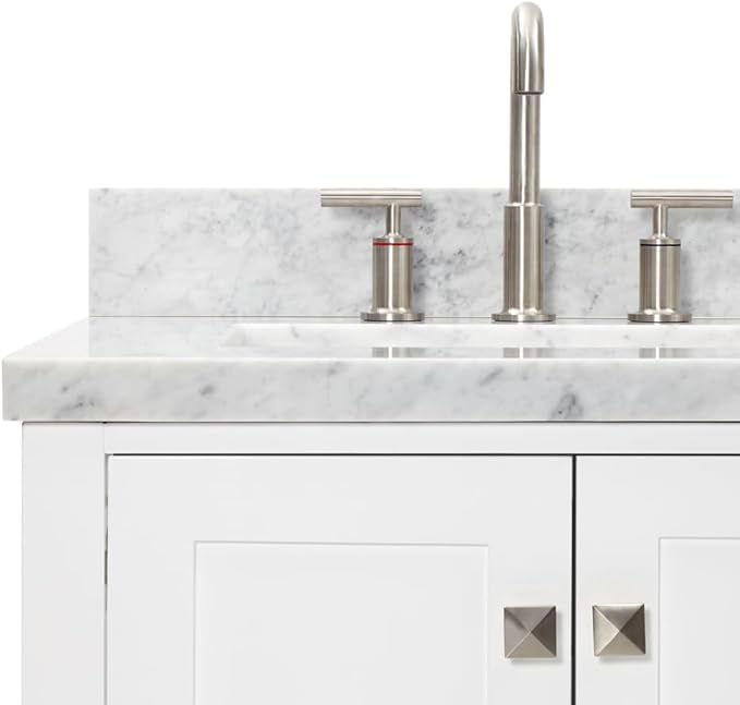 ARIEL Cambridge 60-inch Bathroom Vanity with Sink,Solid Wood, 1.5-inch Italian Carrara Marble Countertop, Double Rectangular Porcelain Sink, 4 Soft Closing Doors, 6 Dovetail Drawers, White