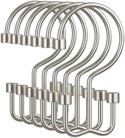 Amazer Nickel Shower Curtain Hooks, 12PCS Minimalist Simple Double Shower Curtain Rings, Rust-Resistant Metal Shower Hooks, Cylinders Shower Rings for Bathroom Shower Rods Curtains