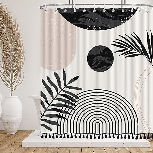 Boho Mid Century Leaf Shower Curtain Set,Arch Sun Design,Minimalistic Leaves Pattern,Waterproof and Luxurious Fabric-12 Hooks(Black and White-72" x 78")