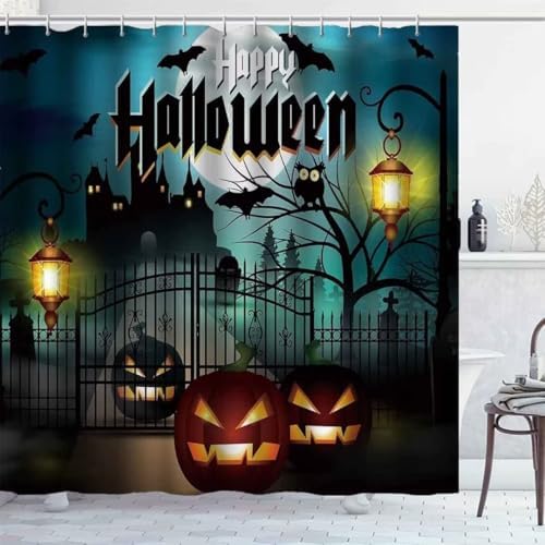 NBVKO Halloween Bats Castle Pumpkin Waterproof Shower Curtain Set,with Non-Slip Rugs,Toilet Lid Cover and Bath Mat,Black Gloomy Bathroom Decor Accessory Set