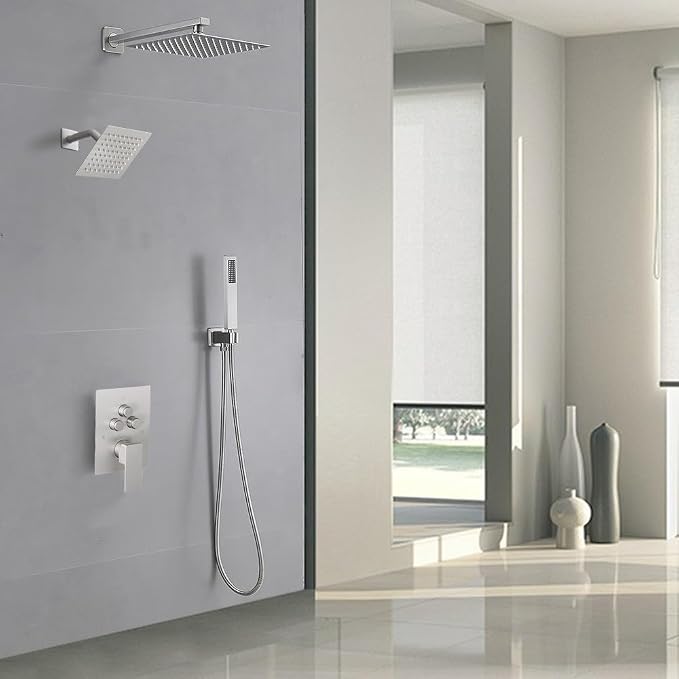 Shower Faucet Set Brushed Nickel 12 Inch Wall Mount Rainfall Shower System with 2 Rain Shower Head and Handheld Head Push Button Diverter Shower Trim Kit and Rough-in Valve Body