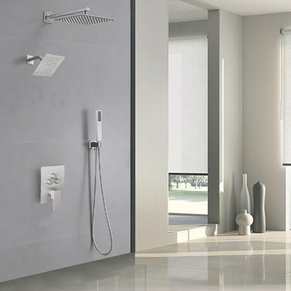 Shower Faucet Set Brushed Nickel 12 Inch Wall Mount Rainfall Shower System with 2 Rain Shower Head and Handheld Head Push Button Diverter Shower Trim Kit and Rough-in Valve Body