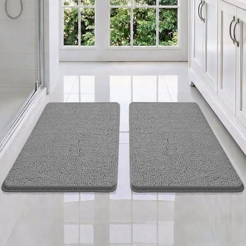 Bcoimo Bath Rug Mat Sets, 2 Piece Extra Soft Chenille Gray Bathroom Mat Set