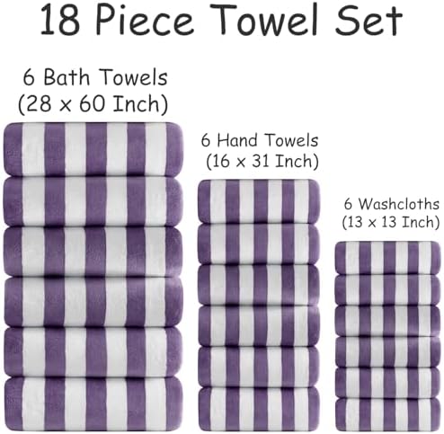 18 Pcs Purple Stripe Bath Towel Set with Hanging Loop-6 Bath Towels,6 Hand Towels,6 Washcloths Soft Family Towels Set Bathroom Towel Highly Absorbent Quick Dry Shower Towel for Beach Spa Gym Hotel