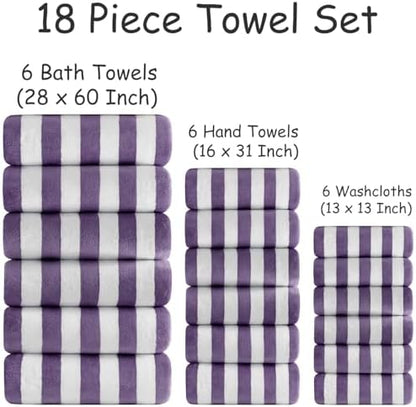 18 Pcs Purple Stripe Bath Towel Set with Hanging Loop-6 Bath Towels,6 Hand Towels,6 Washcloths Soft Family Towels Set Bathroom Towel Highly Absorbent Quick Dry Shower Towel for Beach Spa Gym Hotel