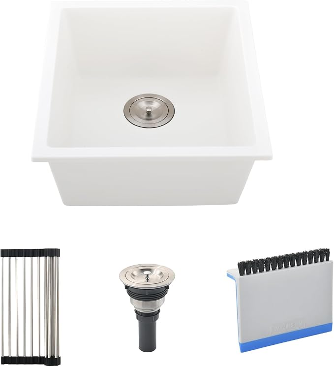 White Bar Sink Undermount, 13 x 13 Inch Granite Quartz | Small Kitchen Sink Granite Quartz Wet Bar Single Bowl Deep Basin and Mini Squeegee Combo