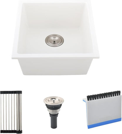 White Bar Sink Undermount, 13 x 13 Inch Granite Quartz | Small Kitchen Sink Granite Quartz Wet Bar Single Bowl Deep Basin and Mini Squeegee Combo