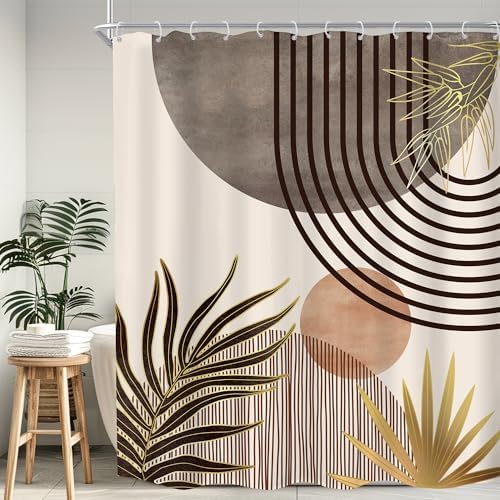 Mid Century Boho Abstract Gray Modern Brown Bathroom Shower Curtain Set