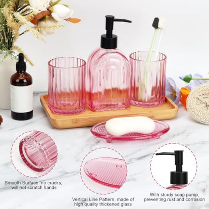 Bathroom Accessories Set, 4Pcs Glass Bathroom Accessories Set Complete, 13.5OZ Lotion Soap Dispenser, Toothbrush Holder, Mouthwash Cup, Soap Dish for Bathroom Decor, Countertop Organizer (Pink)