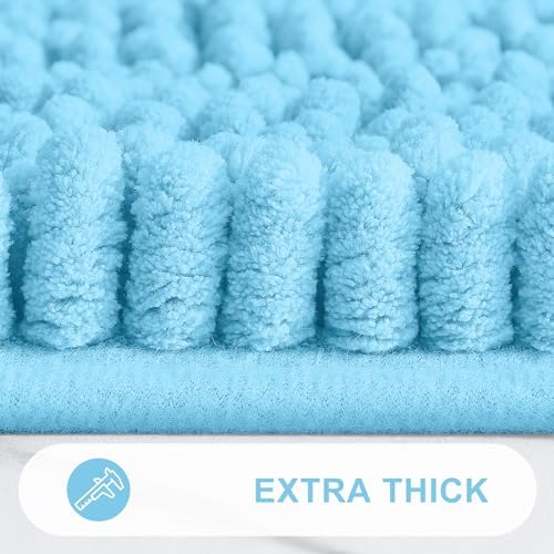 Grandaily Chenille Striped Bathroom Rugs 30x20, Extra Thick and Absorbent Bath Mats, Non-Slip Soft Plush Shaggy Shower Carpet, Machine Wash Dry, Bath Rug for Bathroom, (Medium, Blue)