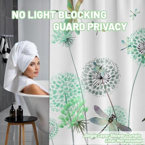 Mint Green Dandelion Shower Curtain Spring Dragonfly Teal White Watercolor Shower Curtains for Bathroom Decor, Waterproof Cloth Fabric with Hooks 70" Wx72 L